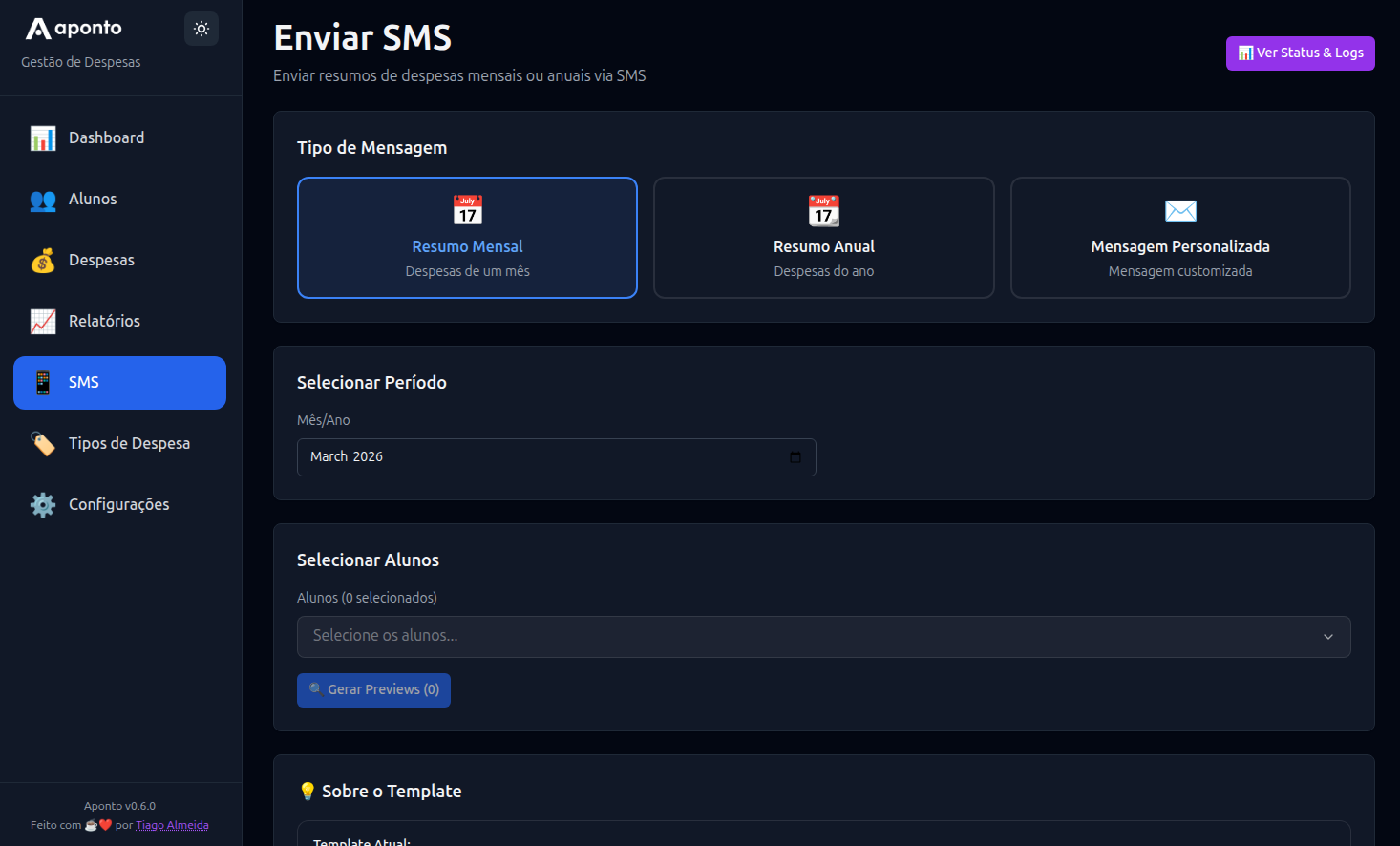 Ecrã de notificações SMS